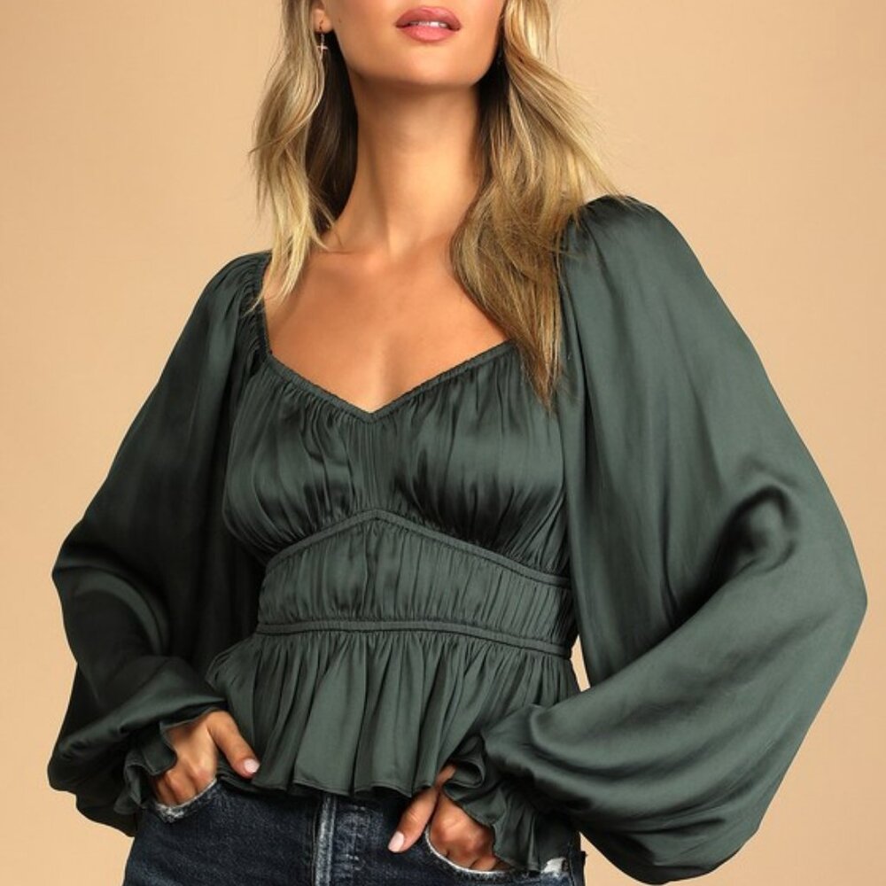 Lulus Sophisticate Dark Green Satin Ruched Long Sleeve Top - Size XL